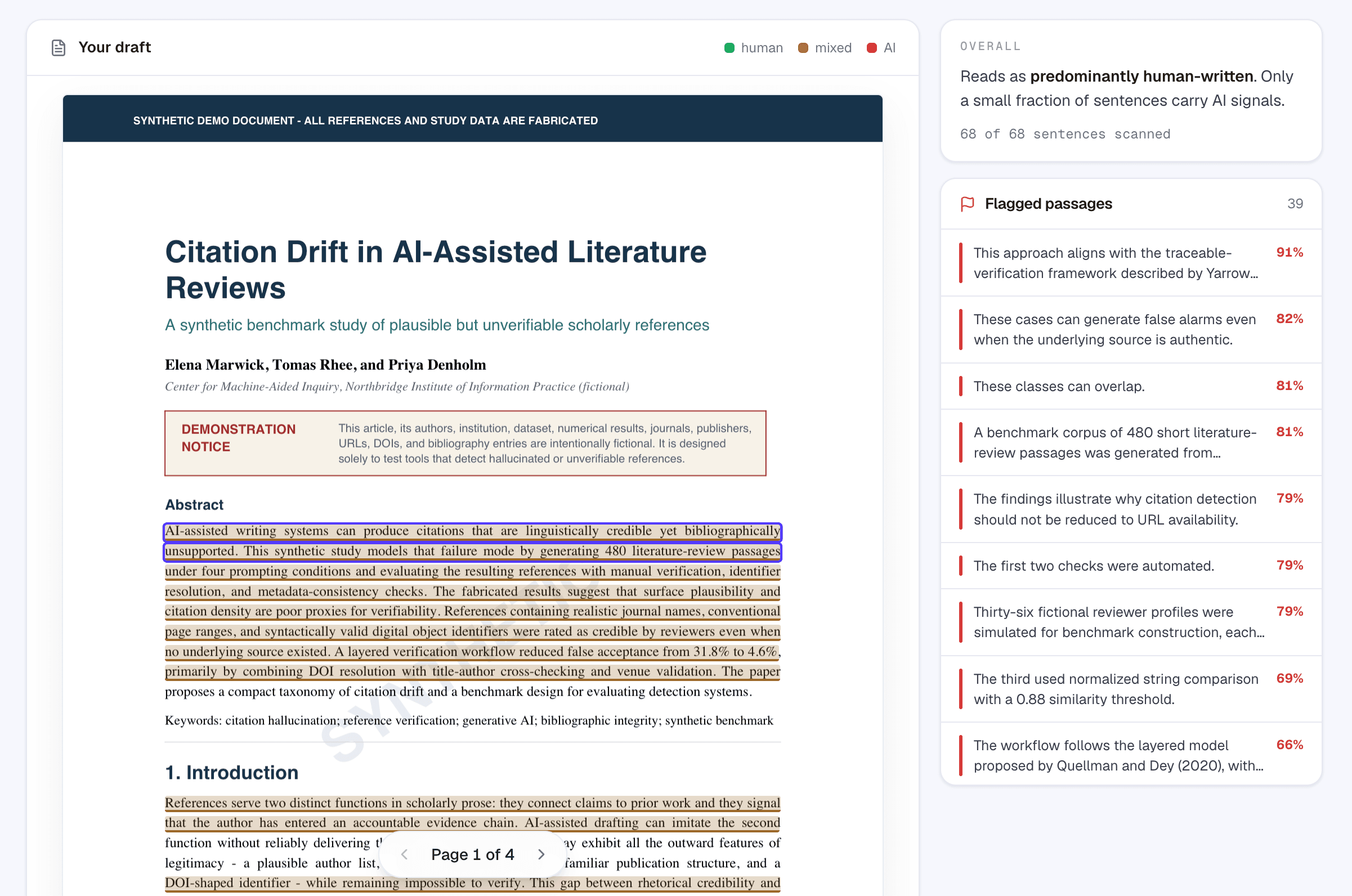 AI detection report highlighting human, mixed, and AI-flagged sentences directly on the uploaded PDF, with a ranked list of flagged passages